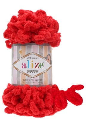 Red plush toy with 'alize' branding on a white background