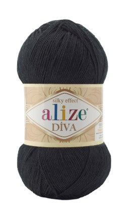 Black yarn ball with Alize Diva 60 label on a white background