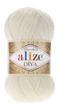 Alize Diva 62 yarn ball with label on a white background