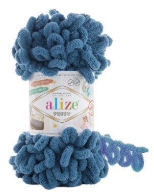 Blue yarn ball with 'Alize' label on a white background