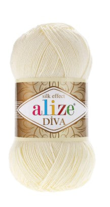 Alize Diva 67 yarn ball with label on a white background