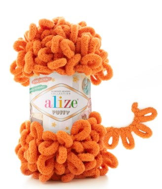 Ball of orange yarn with 'alize' label on a white background