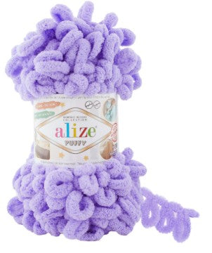 Ball of purple yarn with Alize label on a white background