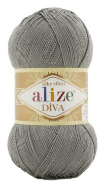 Gray skein of yarn with Alize Diva 87 label on a white background