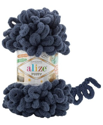 Blue yarn with 'alize puffy 900' label on a white background
