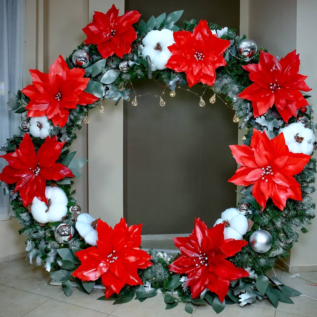 Giant Red Poinsettia Wreath with Lights 2.3m