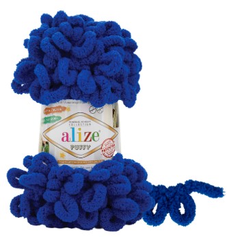 Blue yarn with Alize label on a white background