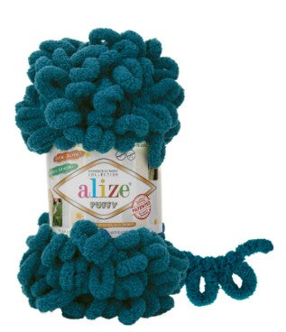 Teal yarn with Alize label on a white background
