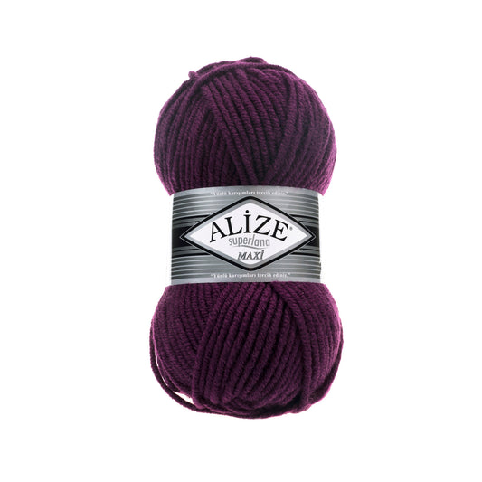 Purple yarn ball with Alize SUPERLANA MAXI 111 label on a white background