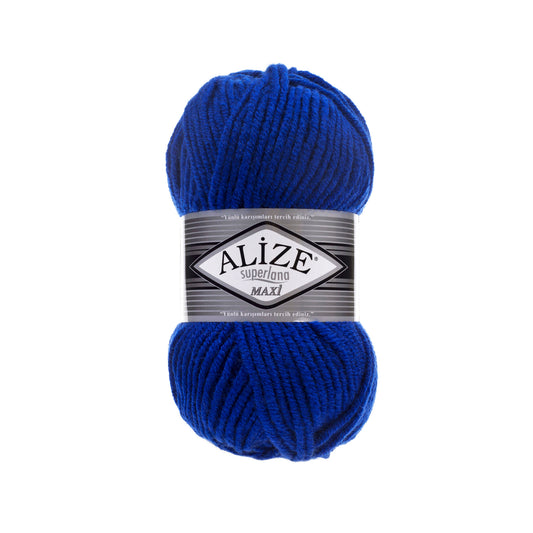 Blue skein of yarn with Alize SUPERLANA MAXI 141 label on a white background