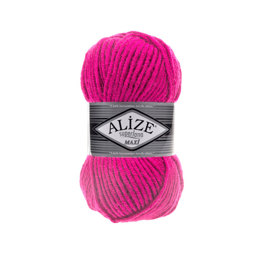 Pink skein of yarn with Alize SUPERLANA MAXI 149 label on a white background