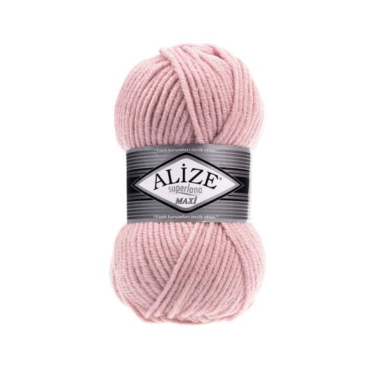 Ball of pink yarn with Alize label on a white background