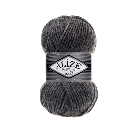 Gray skein of yarn with Alize label on a white background