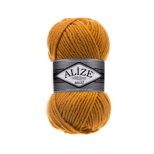 Ball of mustard yellow yarn with Alize SUPERLANA MAXI label on a white background