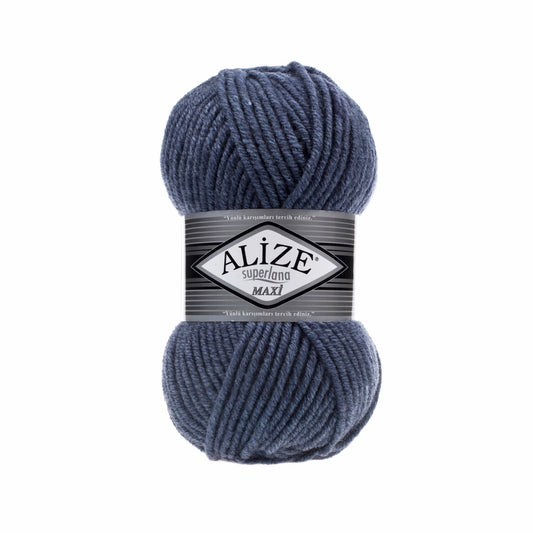 Blue skein of yarn with Alize label on a white background