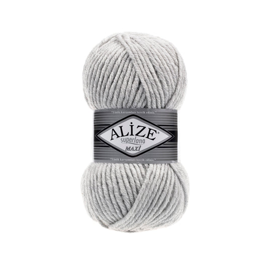Ball of gray yarn with Alize label on a white background