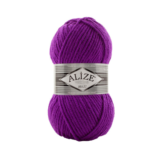 Purple ball of yarn with Alize label on a white background