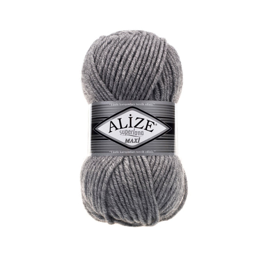 Gray skein of yarn with Alize label on a white background