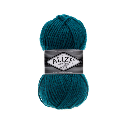 Teal skein of yarn with Alize label on a white background
