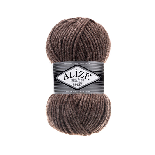 Ball of brown yarn with Alize label on a white background