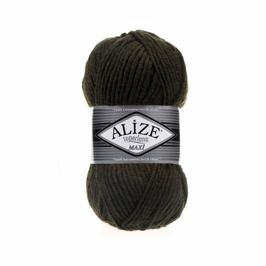 Ball of dark yarn with Alize label on a white background