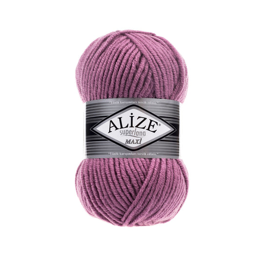 Ball of purple yarn with Alize label on a white background