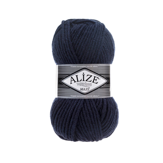 Navy blue skein of yarn with Alize SUPERLANA MAXI 58 label on a white background