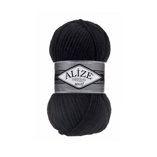 Black yarn ball with Alize SUPERLANA MAXI 60 label on a white background