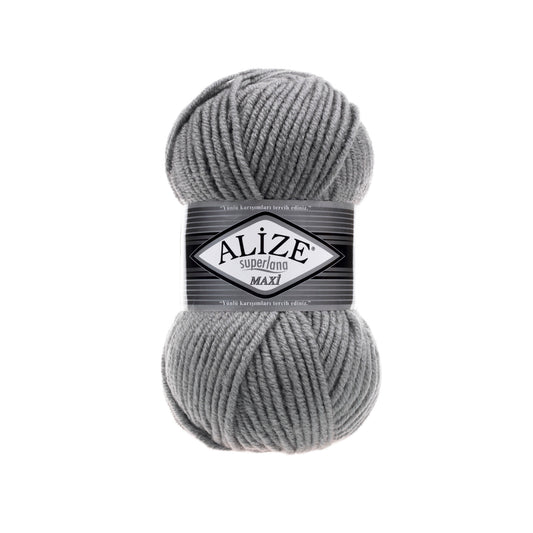 Gray skein of yarn with Alize SUPERLANA  MAXI 87 label on a white background