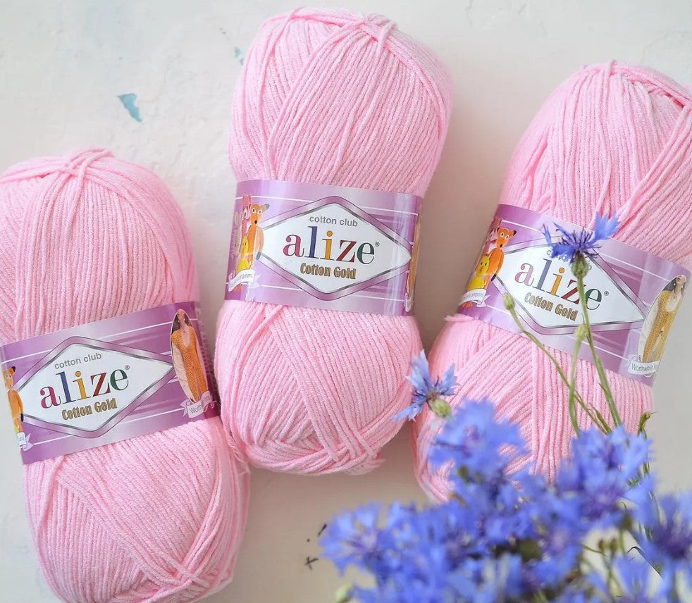 Alize Cotton Gold yarn in soft pastel pink shade (color 393 or 618), premium Turkish cotton-acrylic mix (55/45), 100 grams ball, ideal for lightweight women's cardigans, baby blankets, and delicate lace patterns