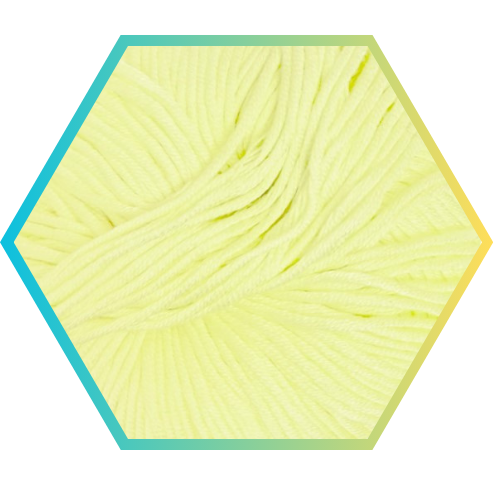Hexagonal yellow yarn ball with a green border on a white background