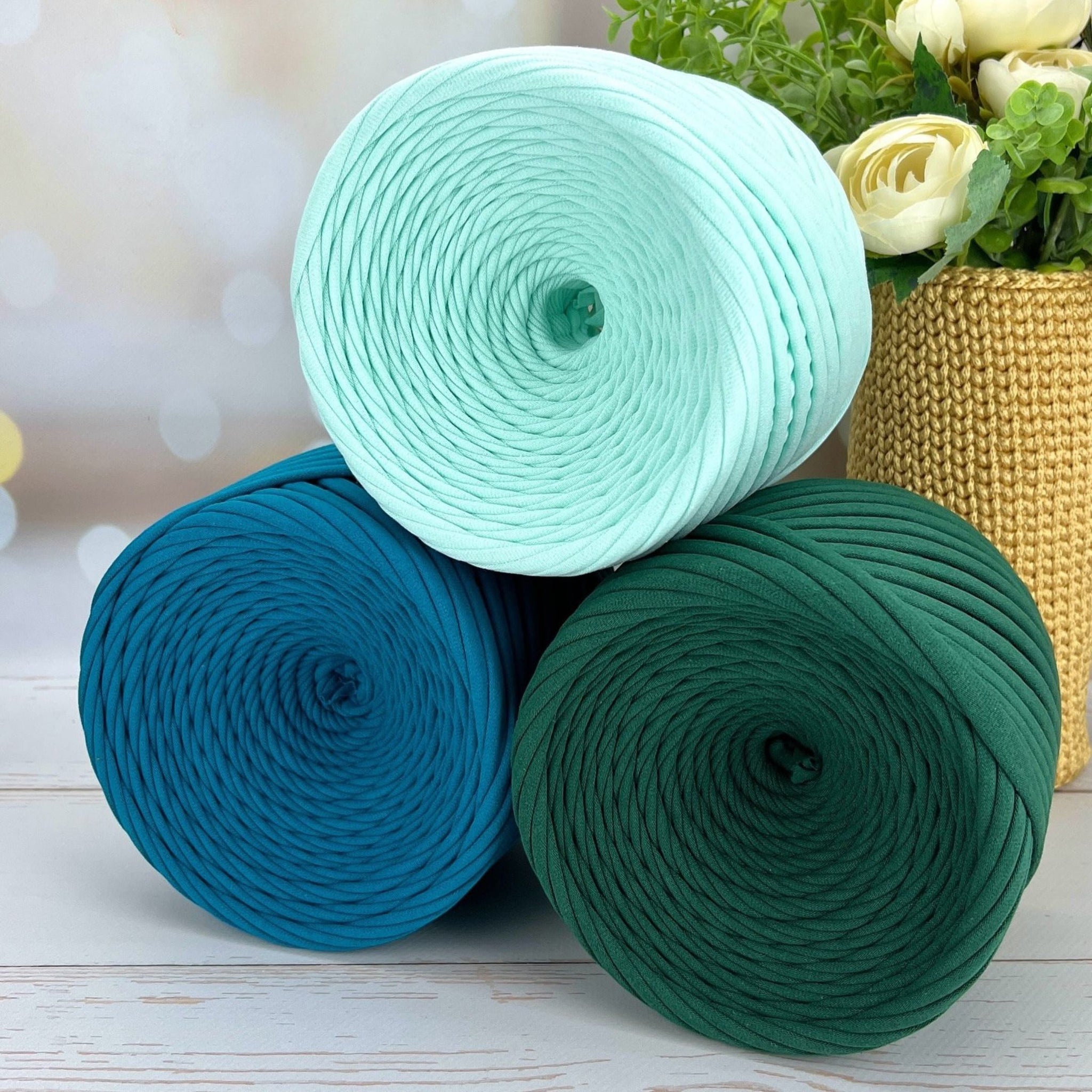 Fresh Mint, Ocean Blue and Forest Green Chunky T-Shirt Yarn 7-9mm Recycled Cotton - Natural Eco Jersey Yarn Set - Fuzzyroom