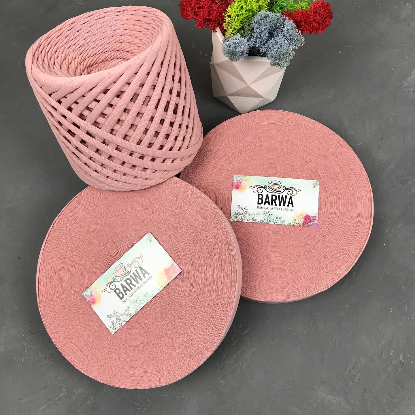 Pink t-shirt yarn rolls 7-9mm with handmade pink crochet basket, high-quality virgin cotton yarn for home storage