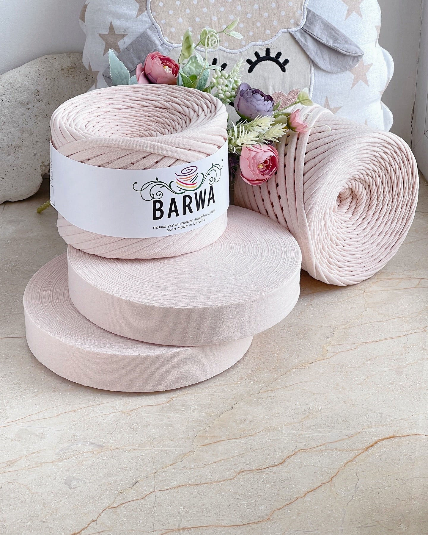 Assortment of premium t-shirt yarn rolls in pink, grey and white with finished pink crochet basket, 7-9mm virgin cotton chunky yarn for home decor
