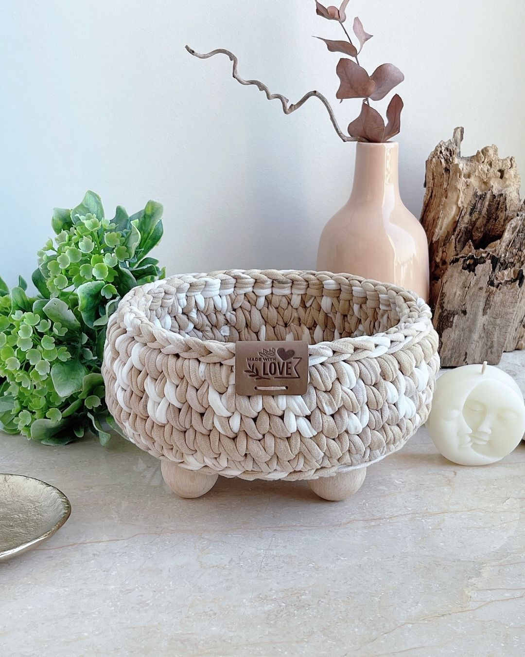 Modern storage basket crocheted from rich red 7-9mm t-shirt yarn, sturdy recycled cotton jersey yarn home decor item