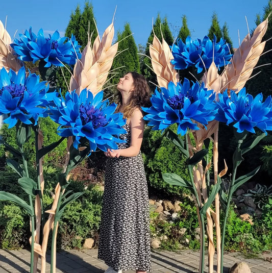 Large Paper Flowers "Cornflowers" 3 flowers + 3 golden wheat ears