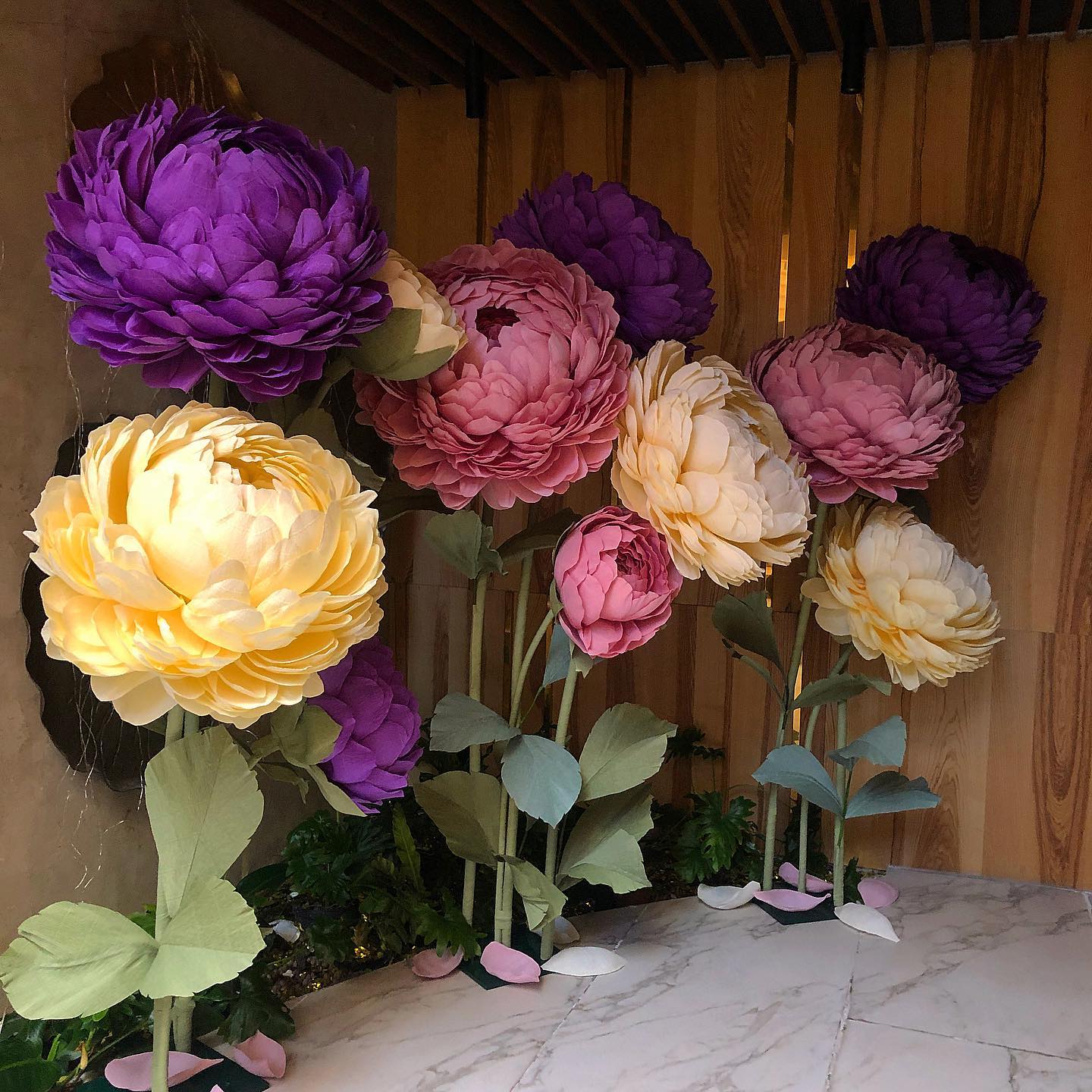 Set of large giant paper peony flowers in purple, pink and cream colors arranged on marble floor against wooden wall. Premium handmade 65cm crepe paper peonies perfect for home decor and photo zones.