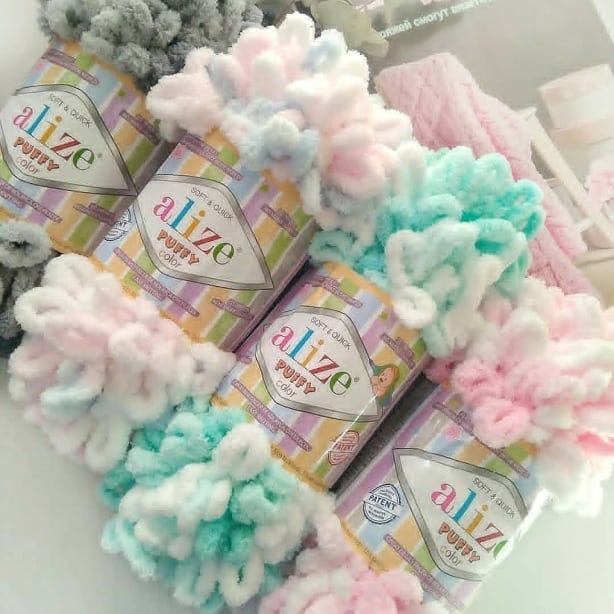 Skeins of Alize Puffy Color in popular shades, super bulky variegated yarn for quick cozy crafts and gifts
