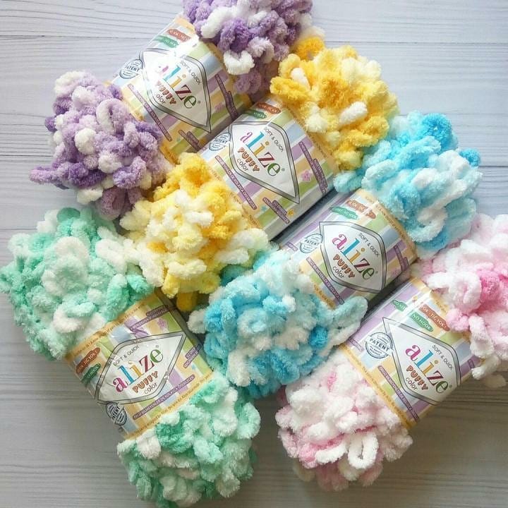 Plush Alize Puffy Color baby blanket in gentle pastel gradient, hypoallergenic micropolyester finger knit throw