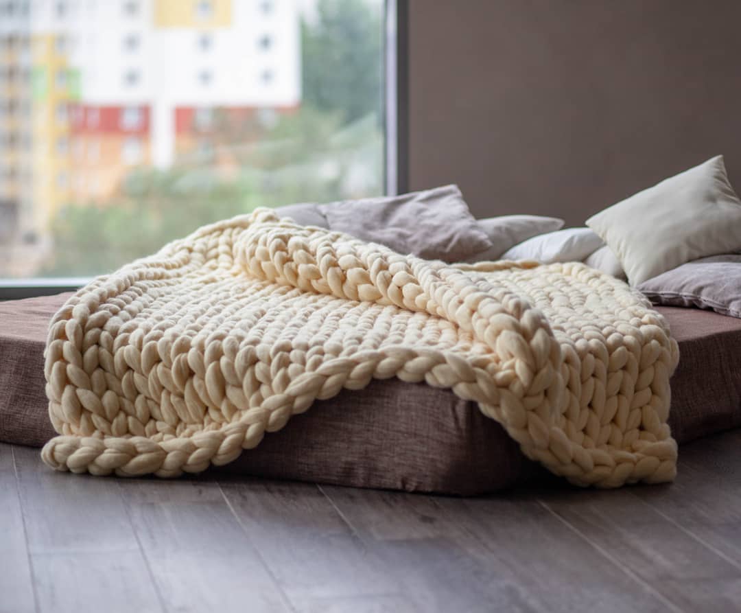 Decorative Bed Blanket, Arm Knitted from Merino Wool