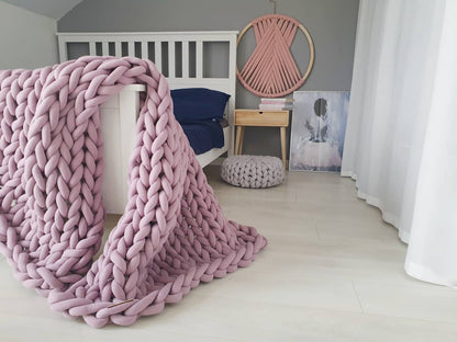 Super Chunky knit blanket, Merino wool blanket, Arm knitted blanket